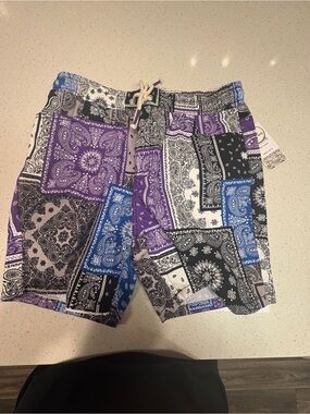 Men's Patchwork Bandana Swim Trunks - Purple/Blue/Black/Gray